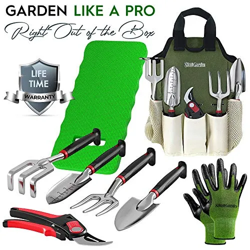 8-Piece Gardening Tool Set-Includes EZ-Cut Pruners, Lightweight Aluminum Hand Tools with Soft Rubber Handles- Trowel, Bamboo Gloves, Garden Tote, High Density Comfort Knee Pad Gardening Gifts Tool Set