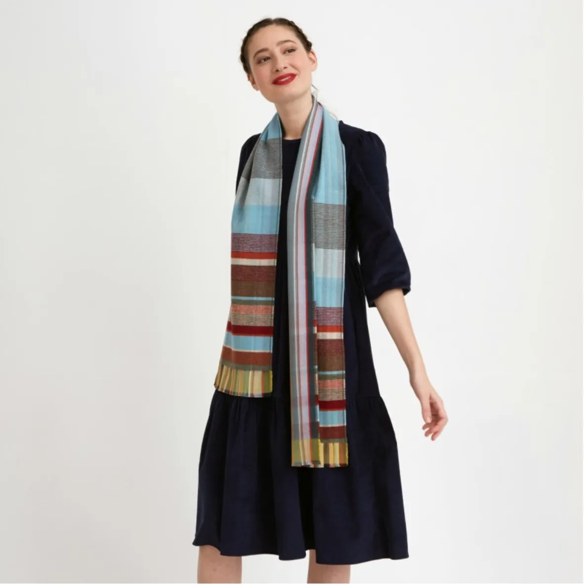 Aqua Multi-Stripe Lambswool and Silk Scarf