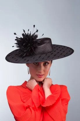 Black Boater with Chrysanthemum Pom Poms