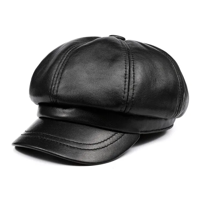 BUTTERMERE Genuine Leather Vintage Hat Women Newsboy Cap