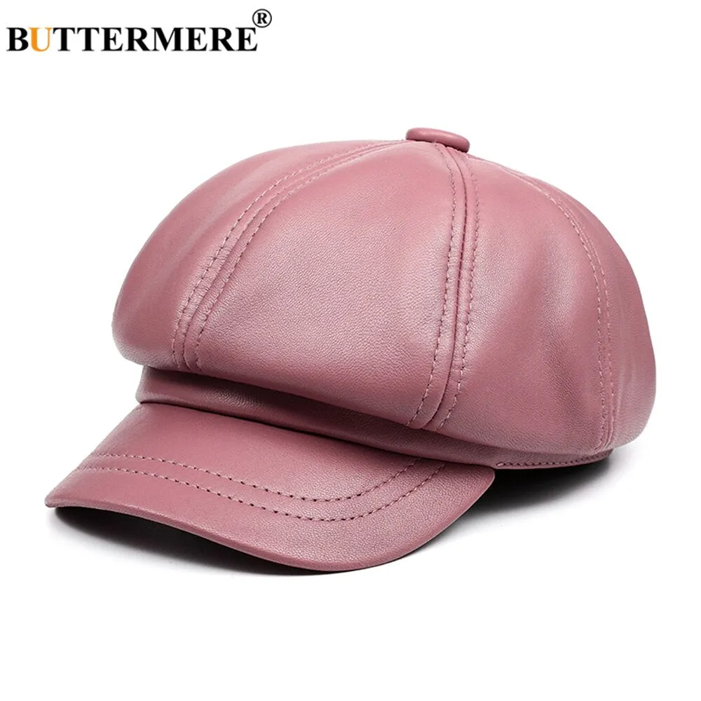 BUTTERMERE Genuine Leather Vintage Hat Women Newsboy Cap