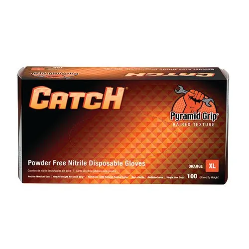 CATCH Nitrile Disposable Gloves with Pyramid Grip Texture, Industrial, Powder-Free, Orange, 9 mil (Box of 100)