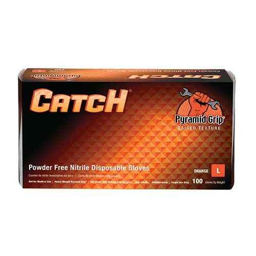 CATCH Nitrile Disposable Gloves with Pyramid Grip Texture, Industrial, Powder-Free, Orange, 9 mil (Box of 100)
