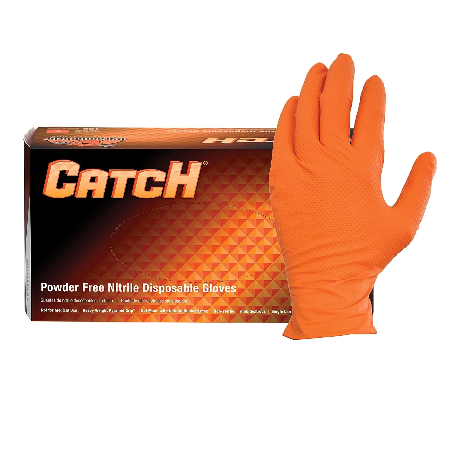 CATCH Nitrile Disposable Gloves with Pyramid Grip Texture, Industrial, Powder-Free, Orange, 9 mil (Box of 100)