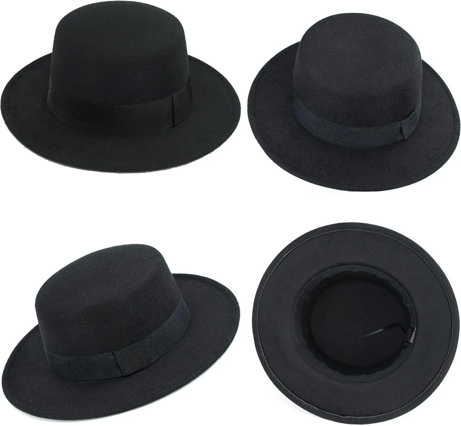 Classic Black Flat-Top Fedora Hat Wide-Brim Pork-Pie Hat Boater Hat Church Dery Cap for Women Men