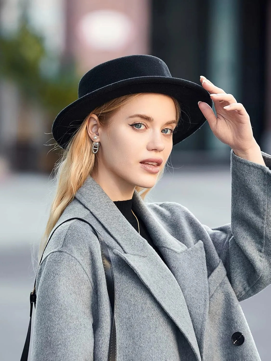 Classic-Fedora-Hat for Womens with Bowknot Vintage-Boater-Felt-Hats Flat-Top-Panama-Hat(S/M)