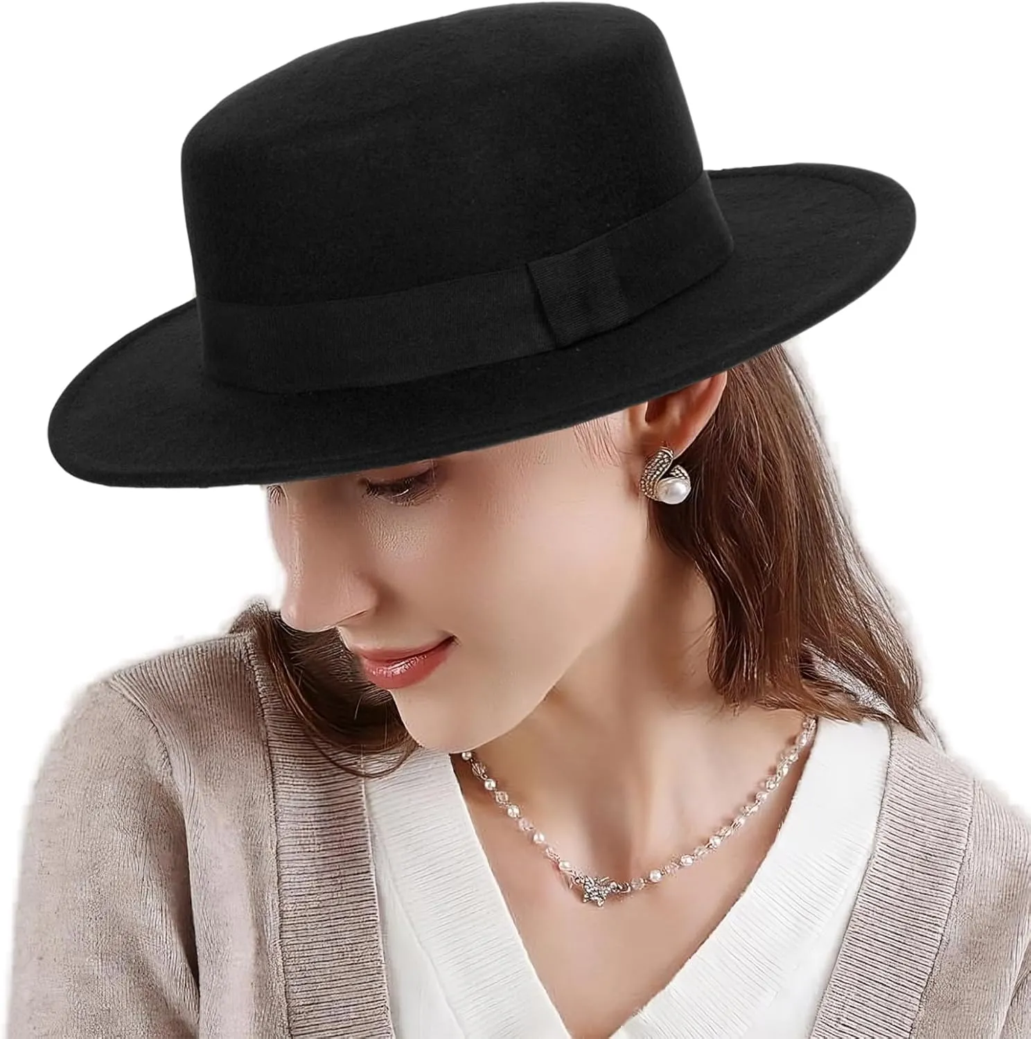 Classic-Fedora-Hat for Womens with Bowknot Vintage-Boater-Felt-Hats Flat-Top-Panama-Hat(S/M)
