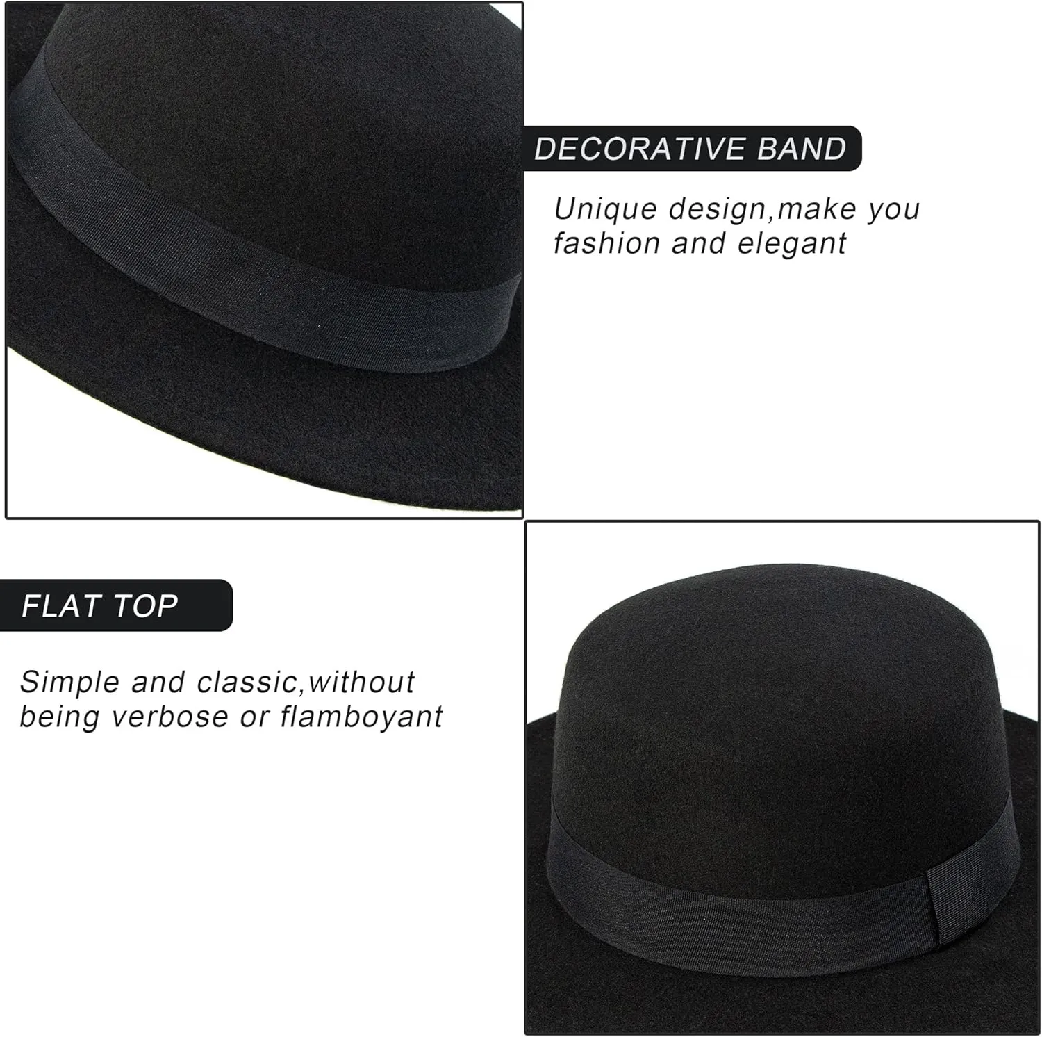 Classic-Fedora-Hat for Womens with Bowknot Vintage-Boater-Felt-Hats Flat-Top-Panama-Hat(S/M)