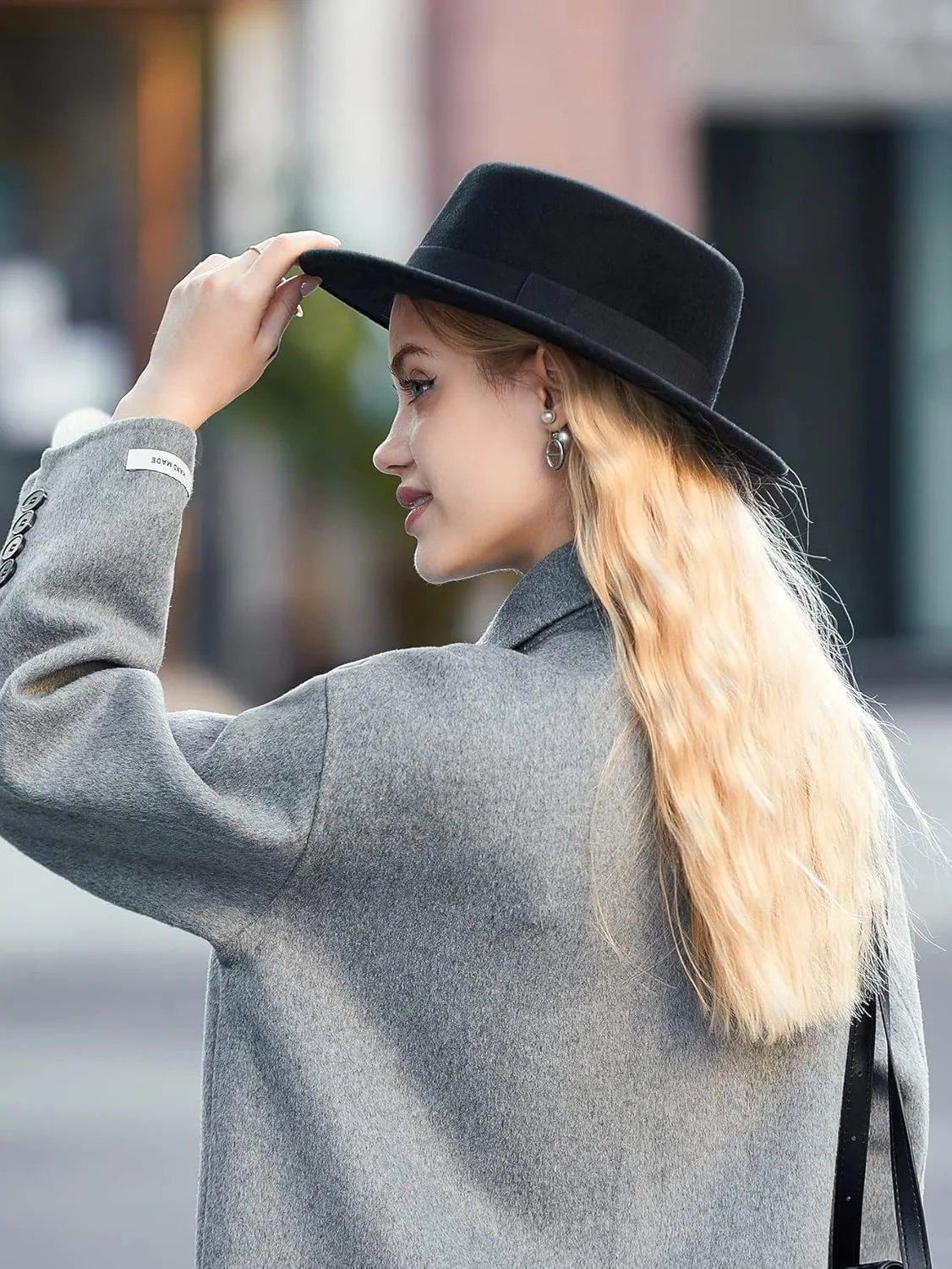Classic-Fedora-Hat for Womens with Bowknot Vintage-Boater-Felt-Hats Flat-Top-Panama-Hat(S/M)