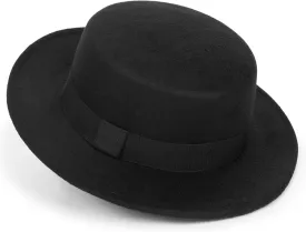 Classic-Fedora-Hat for Womens with Bowknot Vintage-Boater-Felt-Hats Flat-Top-Panama-Hat(S/M)
