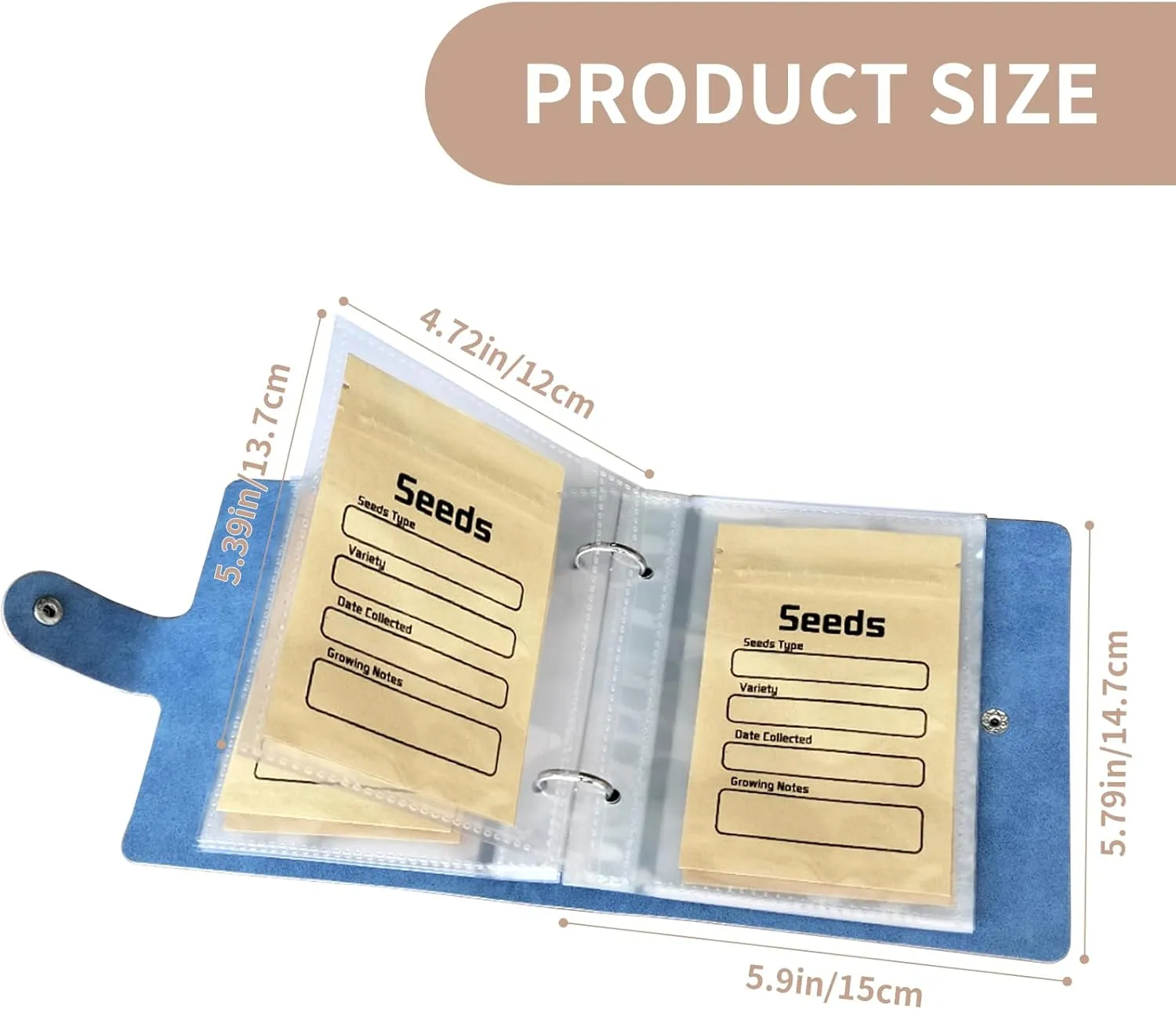 coutnier Seed Organizer Binder with 50 PCS Resealable Seed Envelopes - 50 Storage Pockets, 3.5x5 Inch Clear Sleeves, Seed Saver for Garden Lover - Blue