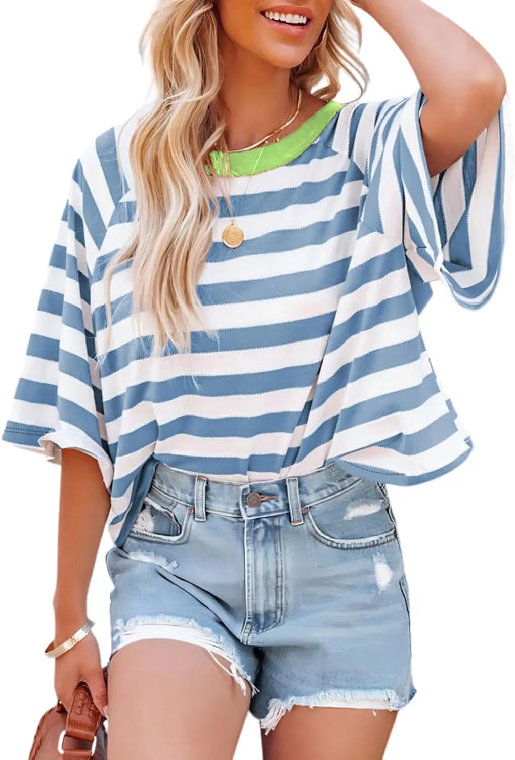 Dokotoo Tops for Women Striped 2025 Fashion T Shirts for Women Color Block Crewneck Design Loose Basic Tee