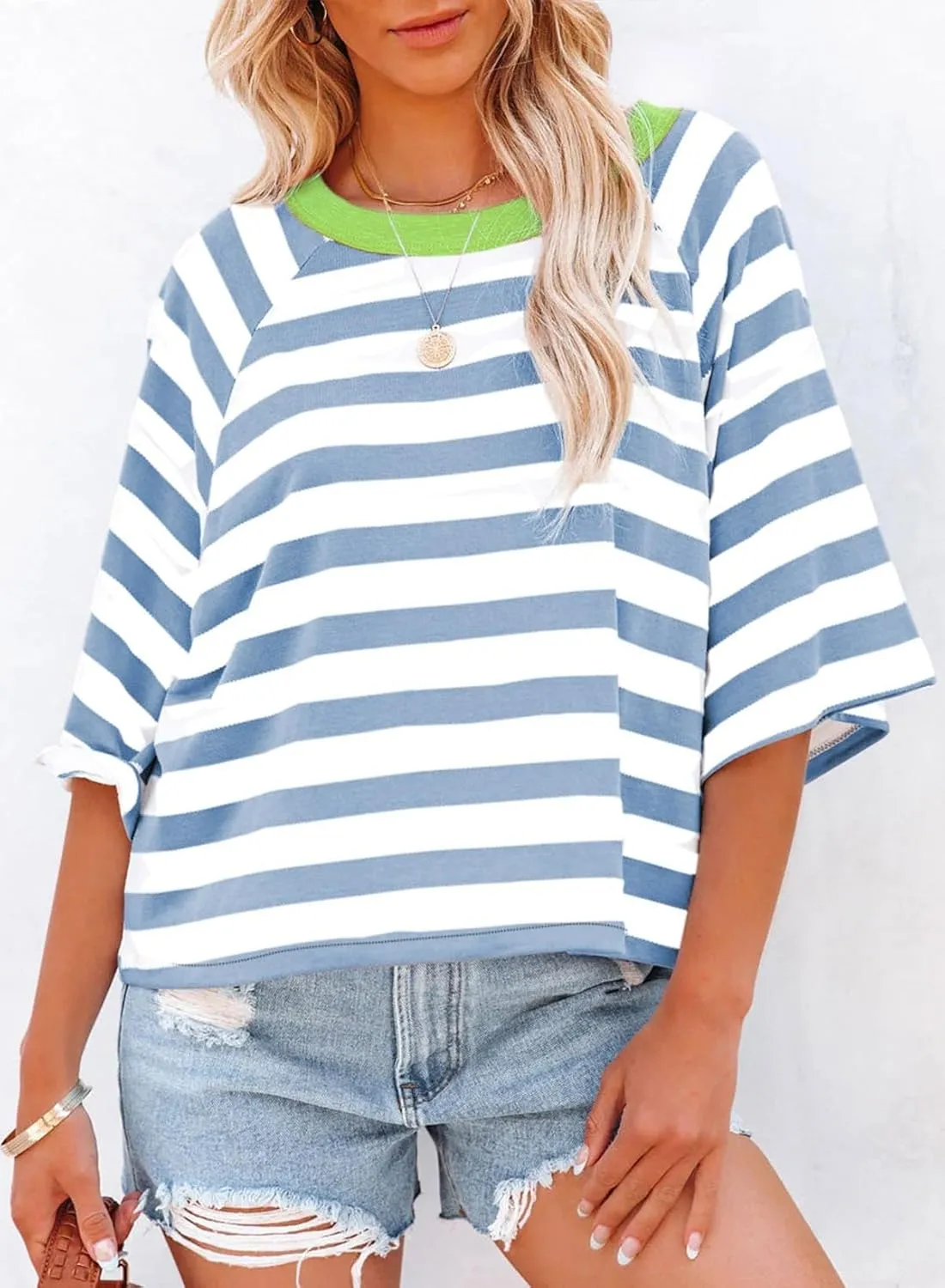 Dokotoo Tops for Women Striped 2025 Fashion T Shirts for Women Color Block Crewneck Design Loose Basic Tee