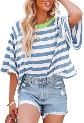 Dokotoo Tops for Women Striped 2025 Fashion T Shirts for Women Color Block Crewneck Design Loose Basic Tee