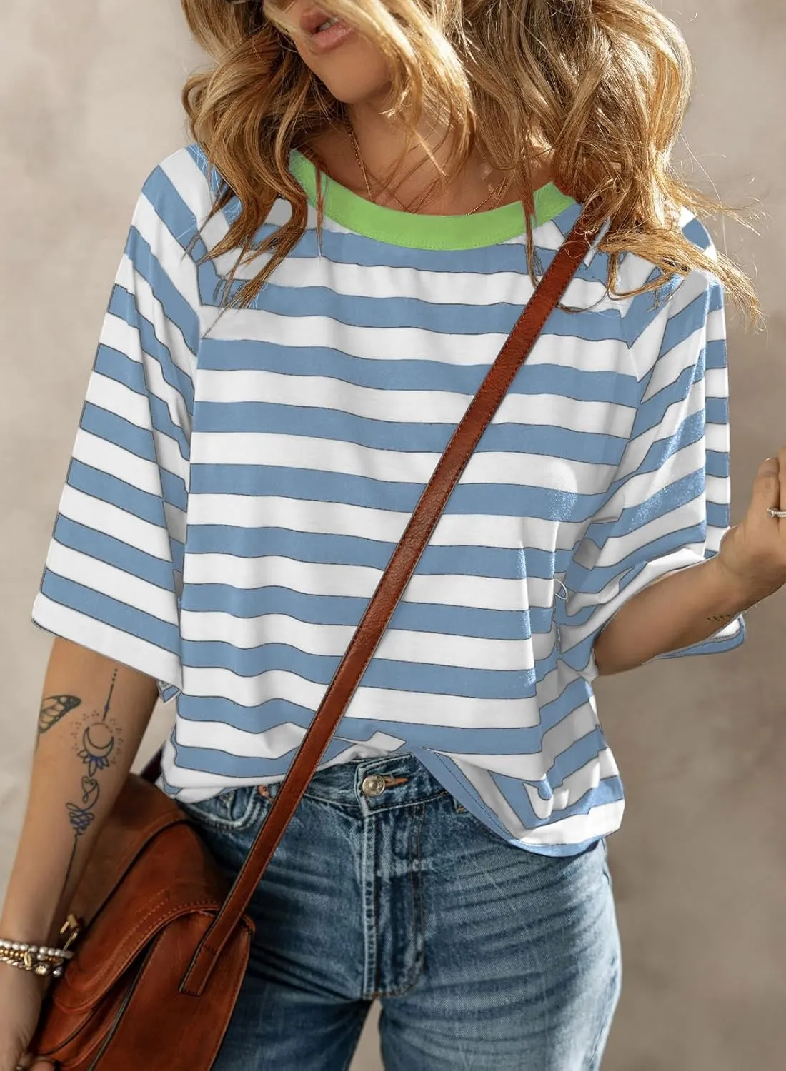 Dokotoo Tops for Women Striped 2025 Fashion T Shirts for Women Color Block Crewneck Design Loose Basic Tee