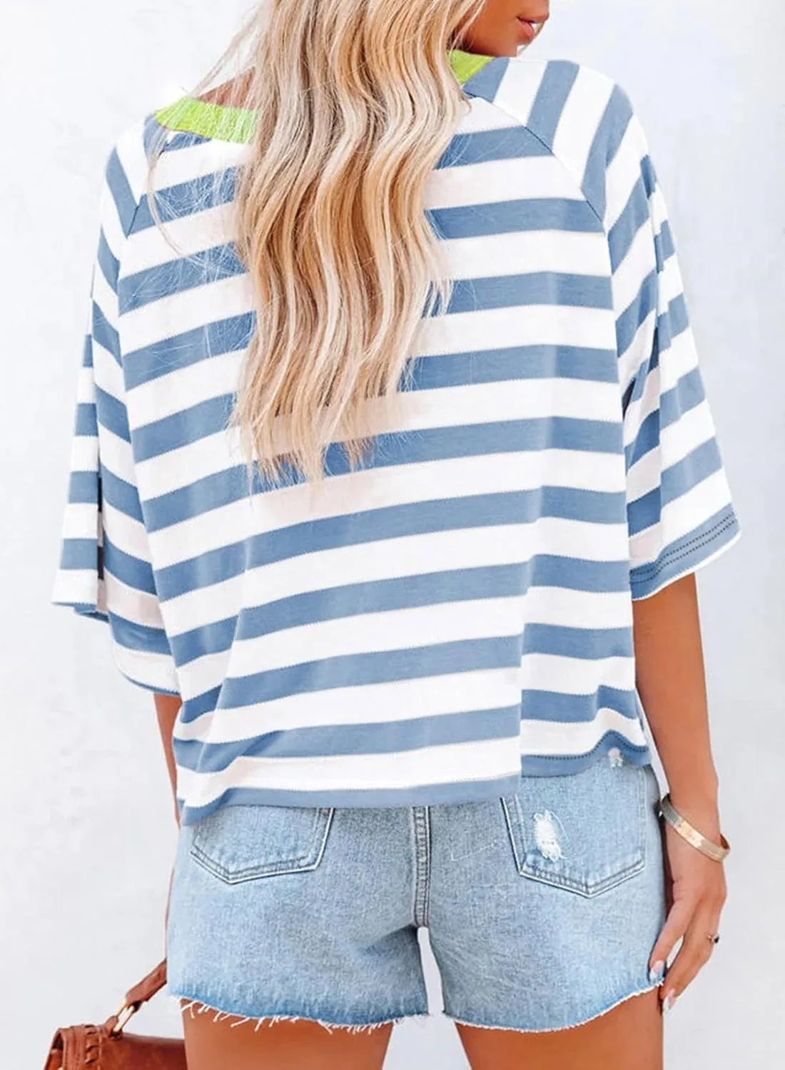 Dokotoo Tops for Women Striped 2025 Fashion T Shirts for Women Color Block Crewneck Design Loose Basic Tee