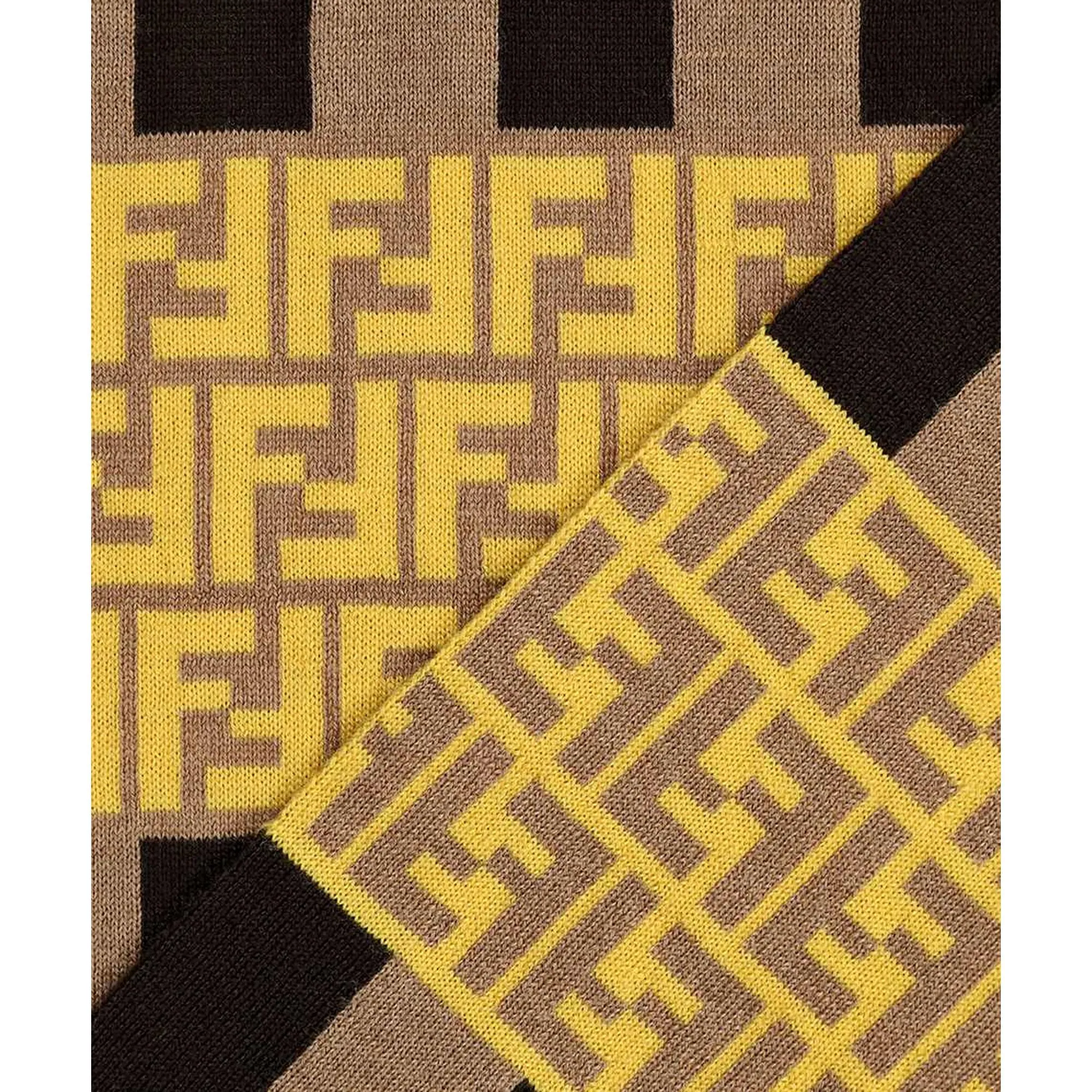 Fendi FF Print Striped Brown and Yellow Knitted Wool Scarf