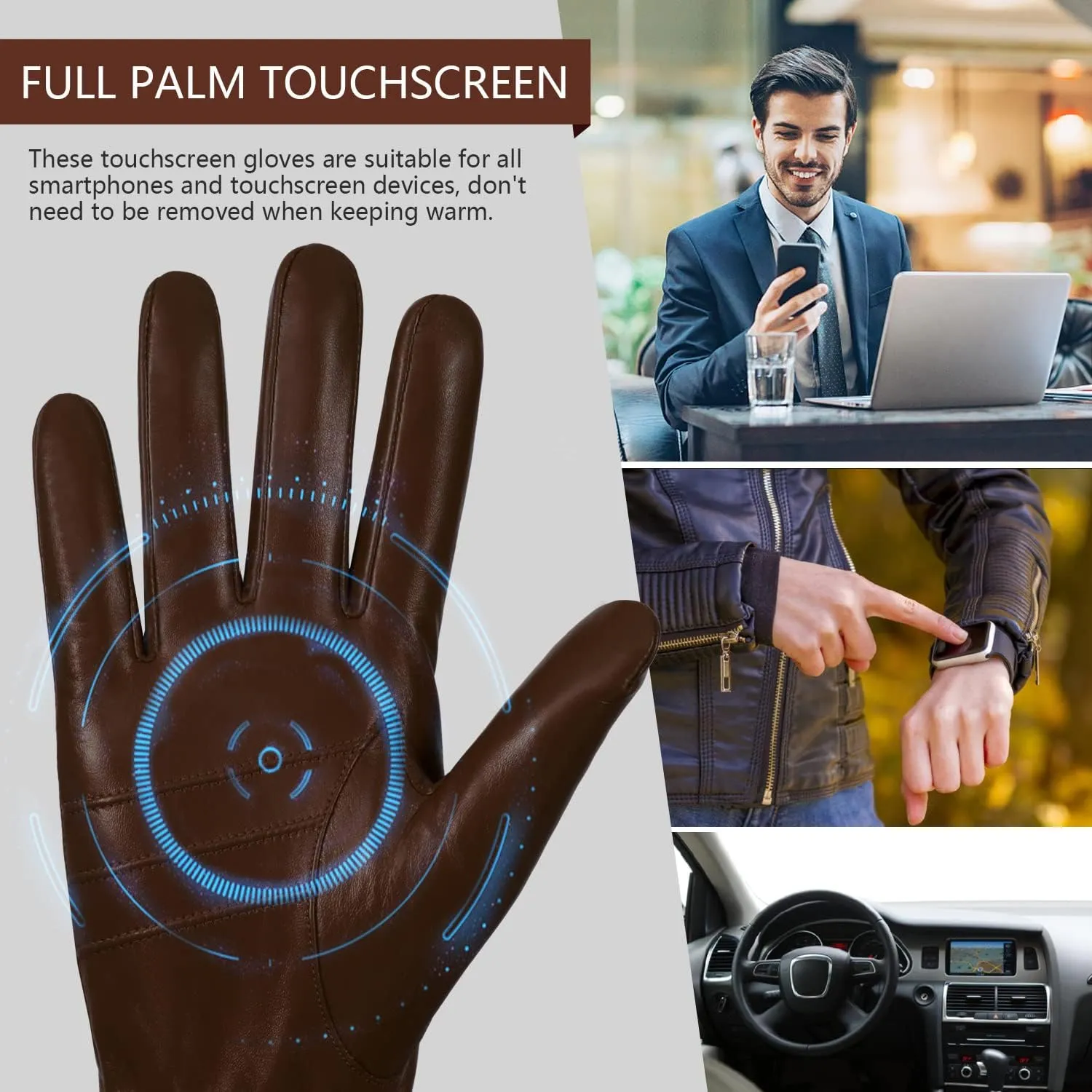 FIORETTO Mens Genuine Leather Driving Gloves Winter with Warm Wool Lined Touchscreen Sheepskin Gloves M200814
