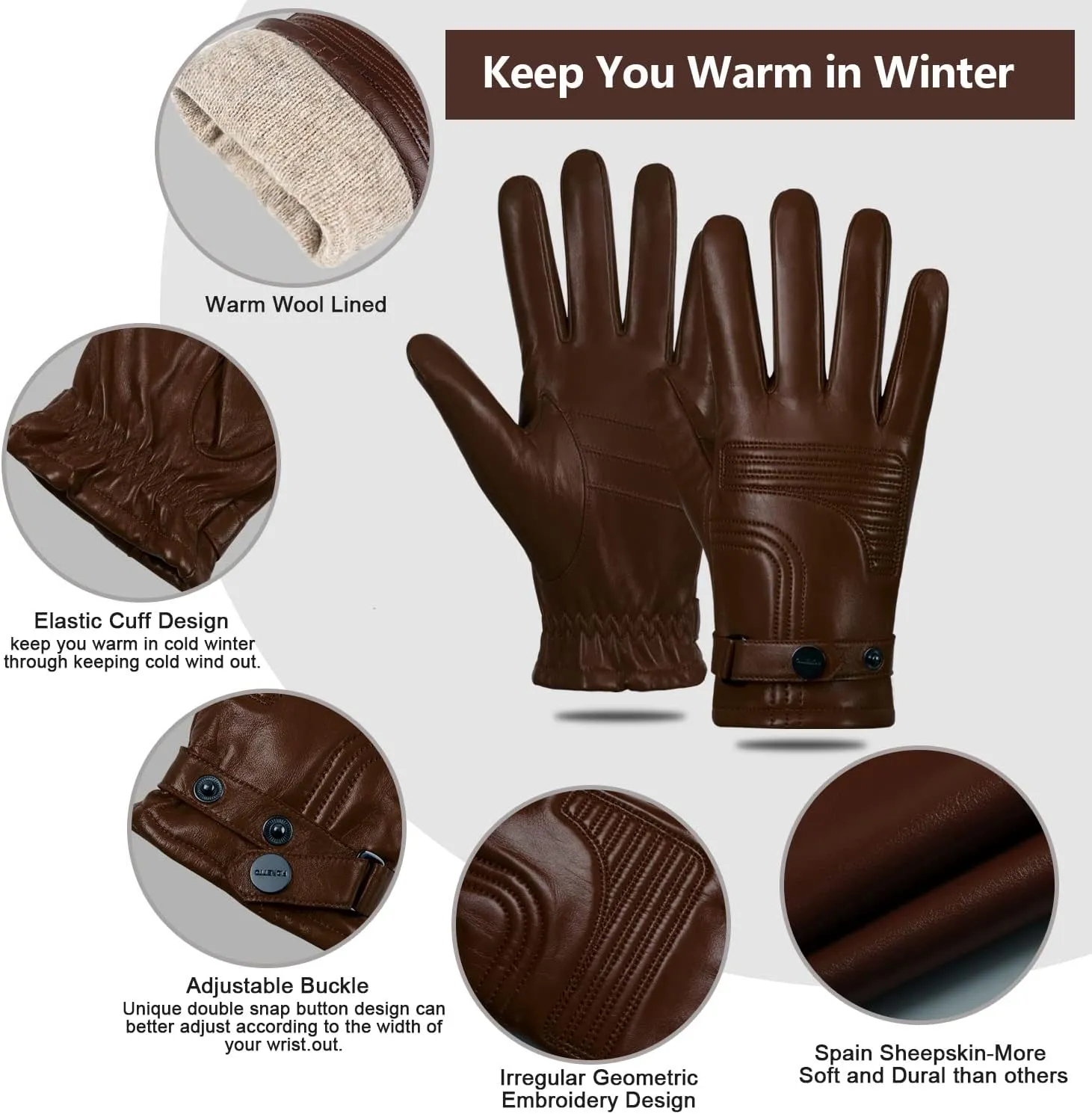 FIORETTO Mens Genuine Leather Driving Gloves Winter with Warm Wool Lined Touchscreen Sheepskin Gloves M200814