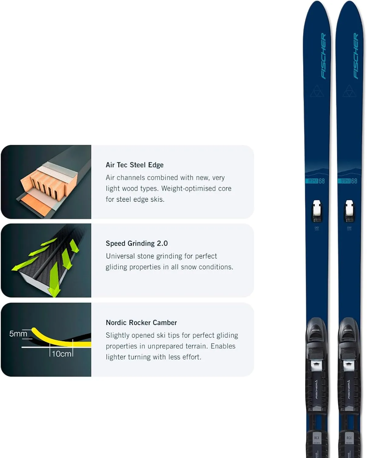 FISCHER Unisex Outback 68 Crown/Skin Xtralite Lightweight Durable Full-Length Steel Edge All-Terrain Off-Track Downhill Nordic Backcountry Touring Skis, Mounted BCX Auto Bindings