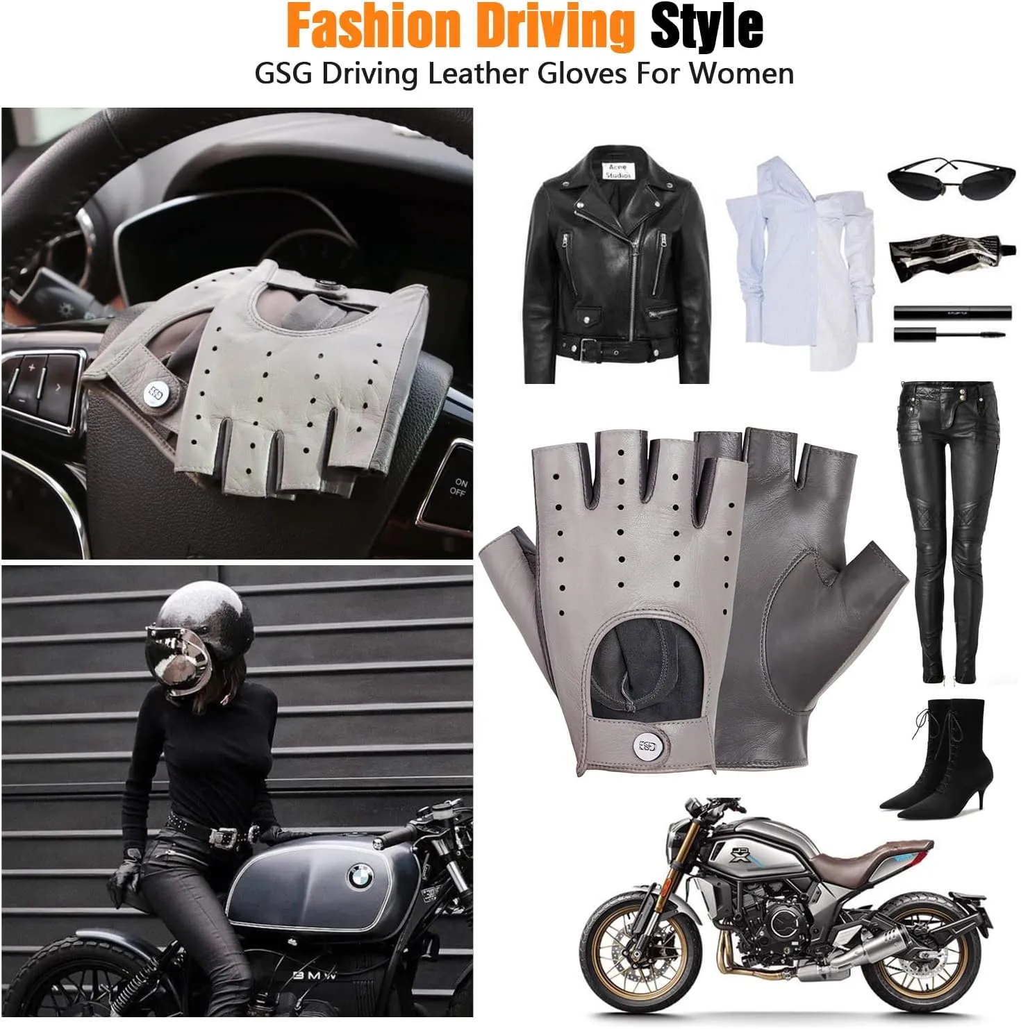 GSG Women Fingerless Leather Gloves - Driving Motorcycle Biker Gloves - Unlined Half Finger