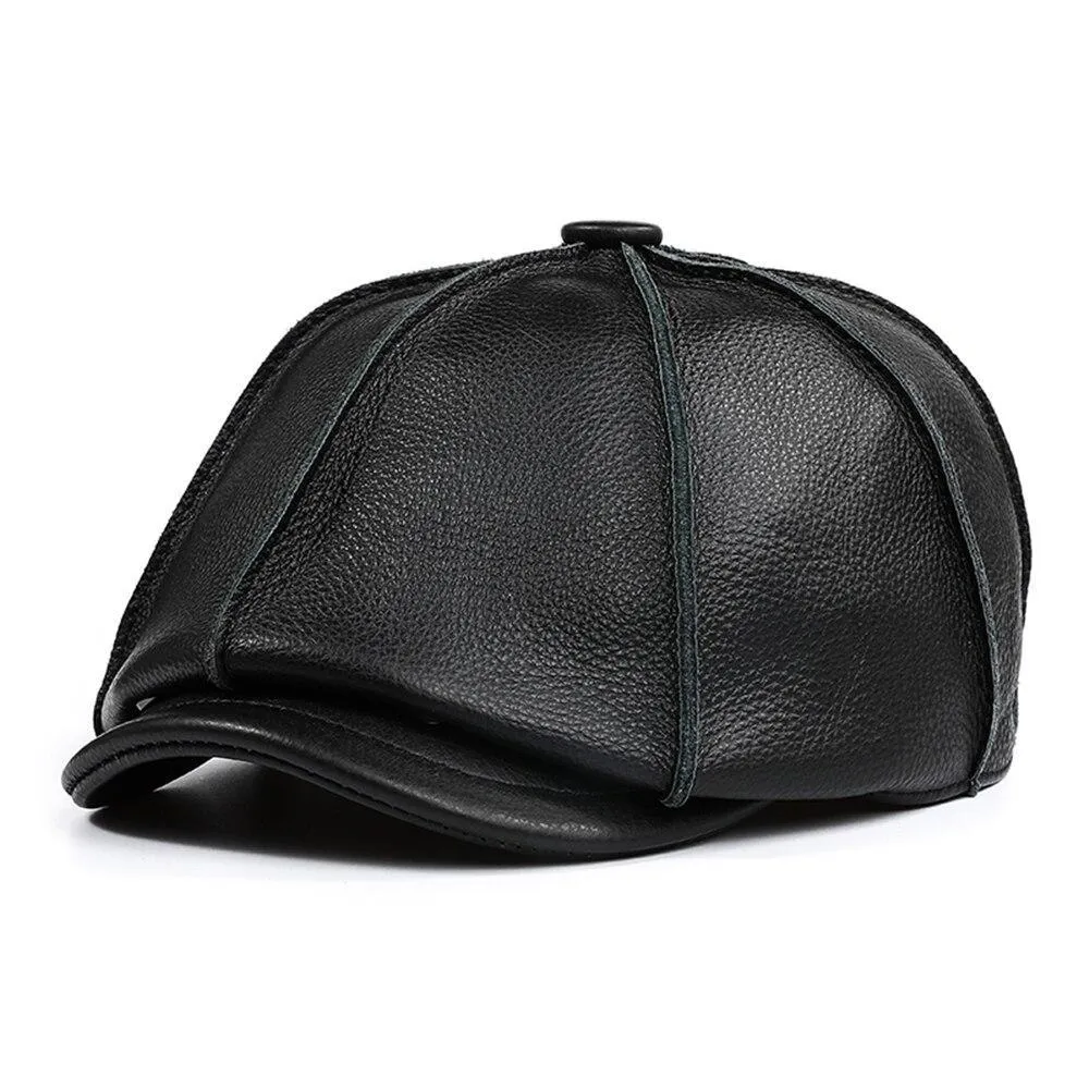 Leather Newsboy Cap With Ear Flaps