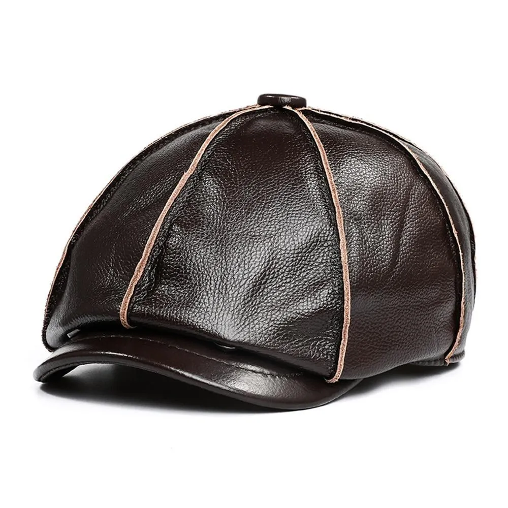 Leather Newsboy Cap With Ear Flaps