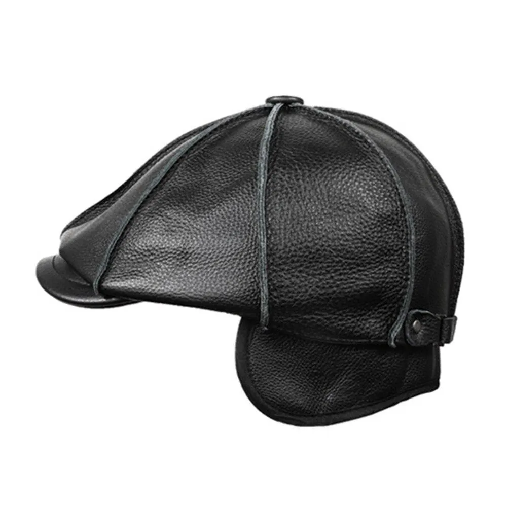 Leather Newsboy Cap With Ear Flaps