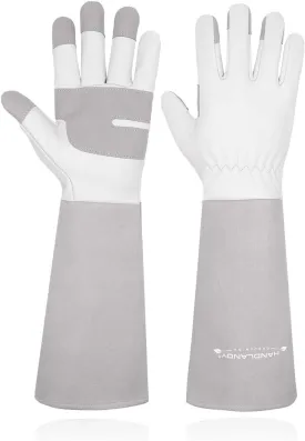 Long Gardening Gloves for Men & Women, Thorn Proof Rose Pruning Gloves Leather Gauntlets Garden Gloves Yard Work Gloves (Medium, Grey)
