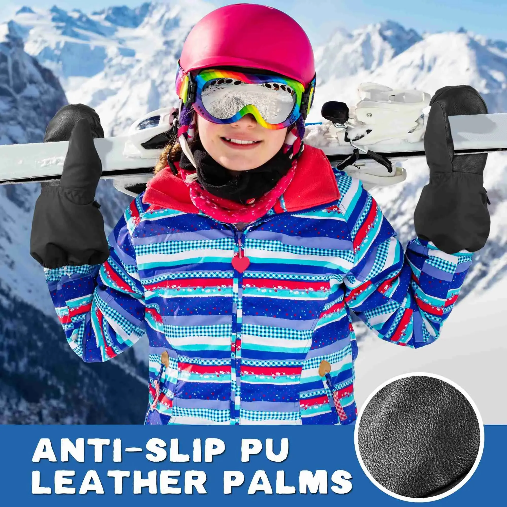 MCTi Kids Ski Mittens Waterproof Winter Ski Warm Sherpa Lined Long Cuff with String