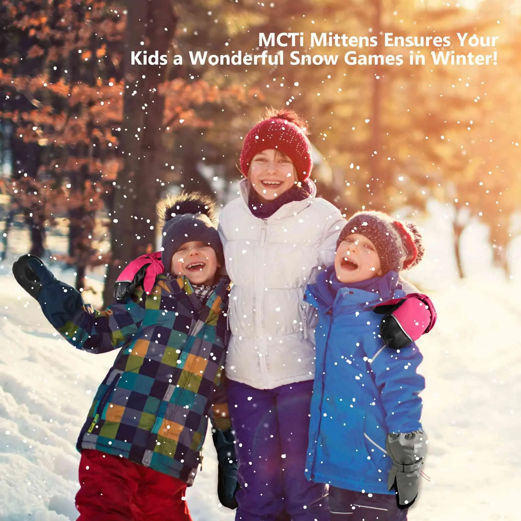 MCTi Kids Ski Mittens Waterproof Winter Ski Warm Sherpa Lined Long Cuff with String