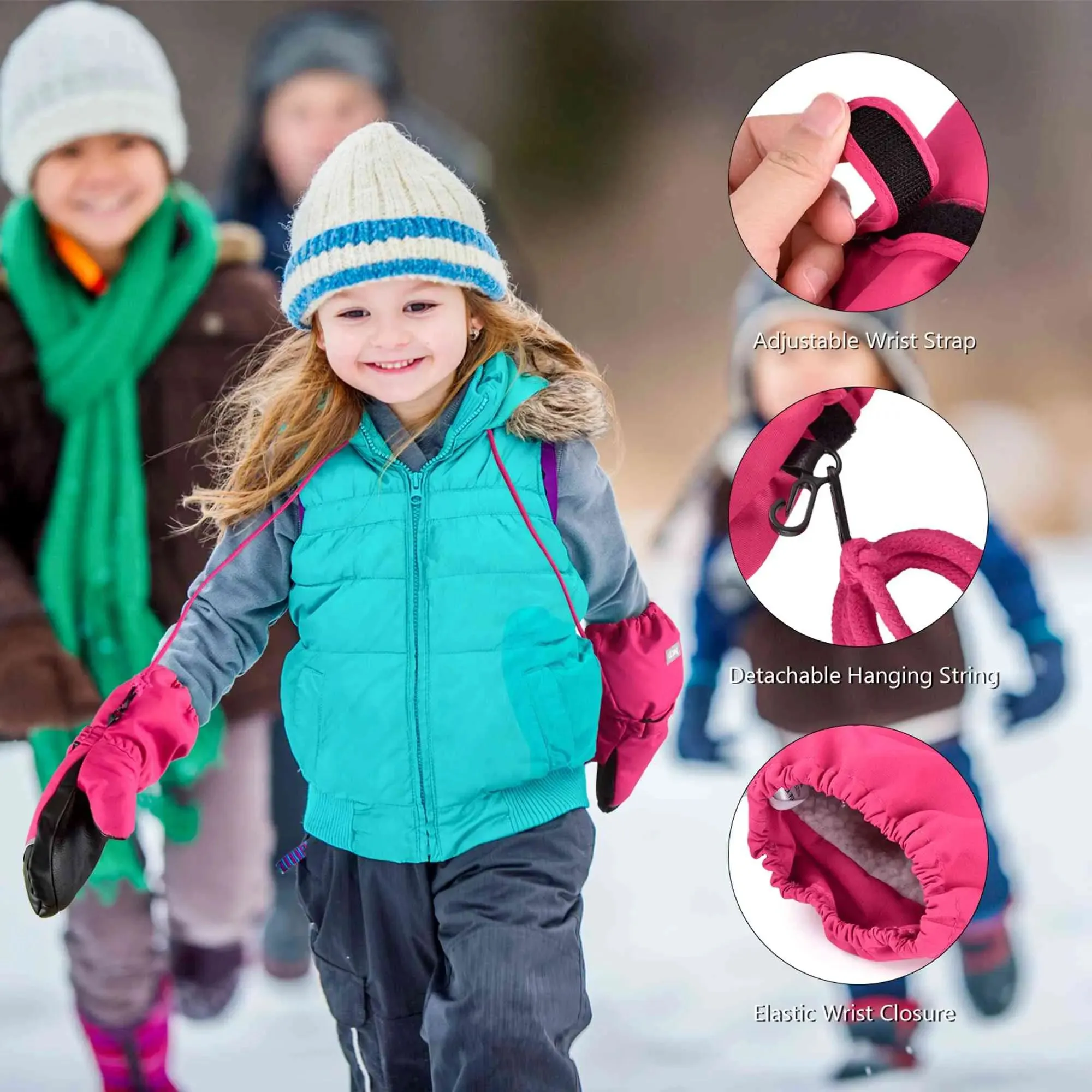 MCTi Kids Ski Mittens Waterproof Winter Ski Warm Sherpa Lined Long Cuff with String