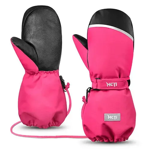MCTi Kids Ski Mittens Waterproof Winter Ski Warm Sherpa Lined Long Cuff with String