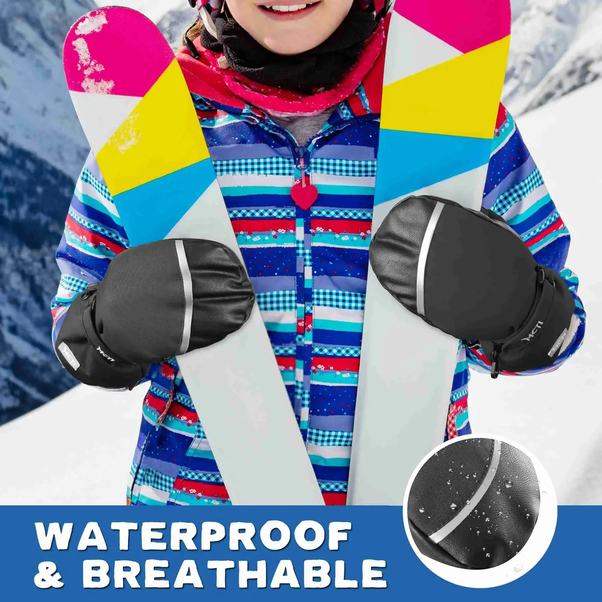 MCTi Kids Ski Mittens Waterproof Winter Ski Warm Sherpa Lined Long Cuff with String