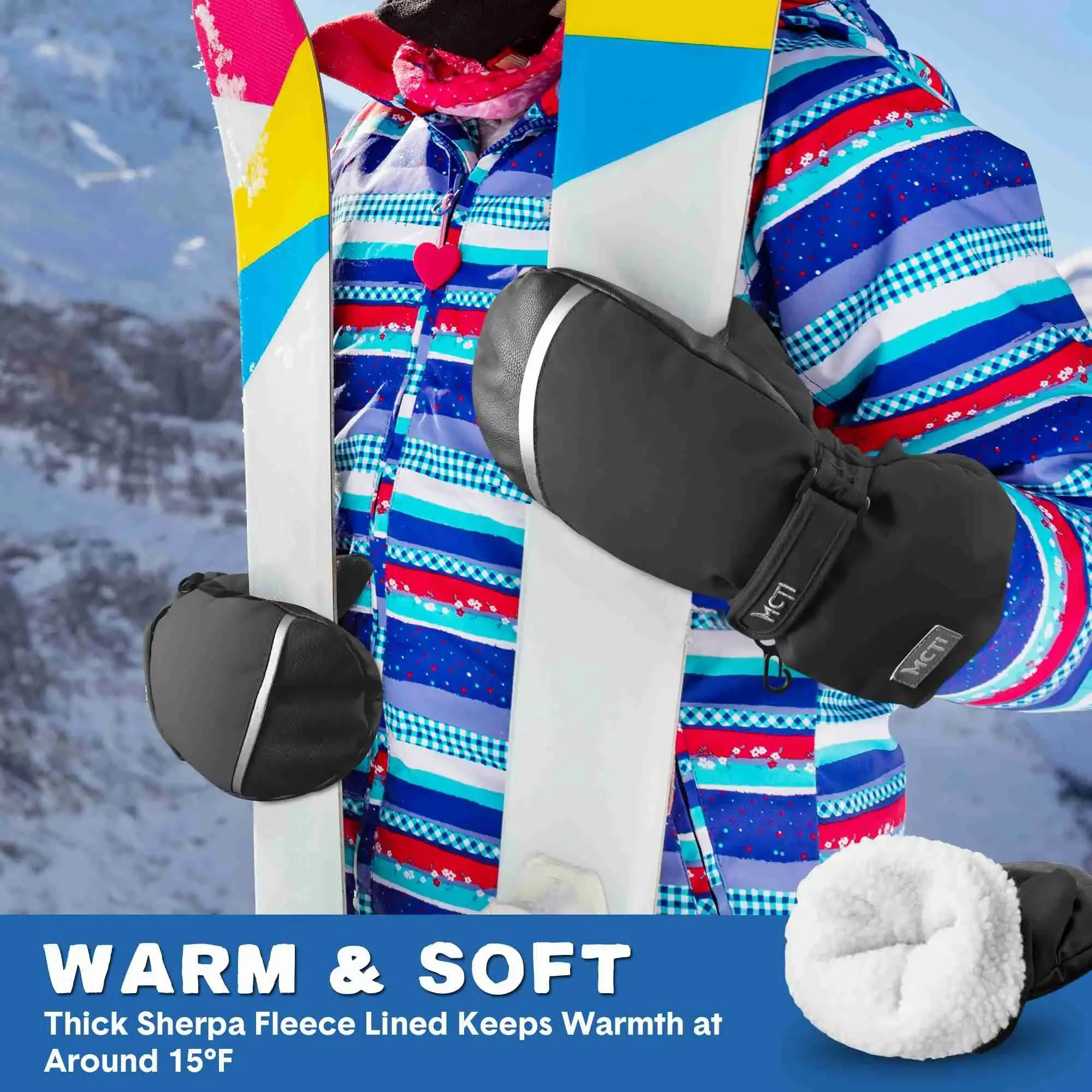 MCTi Kids Ski Mittens Waterproof Winter Ski Warm Sherpa Lined Long Cuff with String