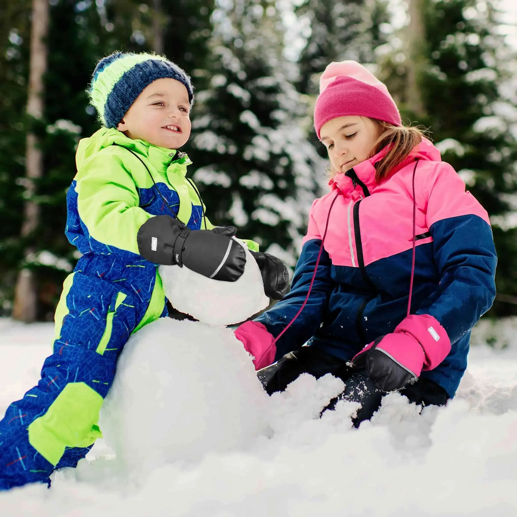 MCTi Kids Ski Mittens Waterproof Winter Ski Warm Sherpa Lined Long Cuff with String