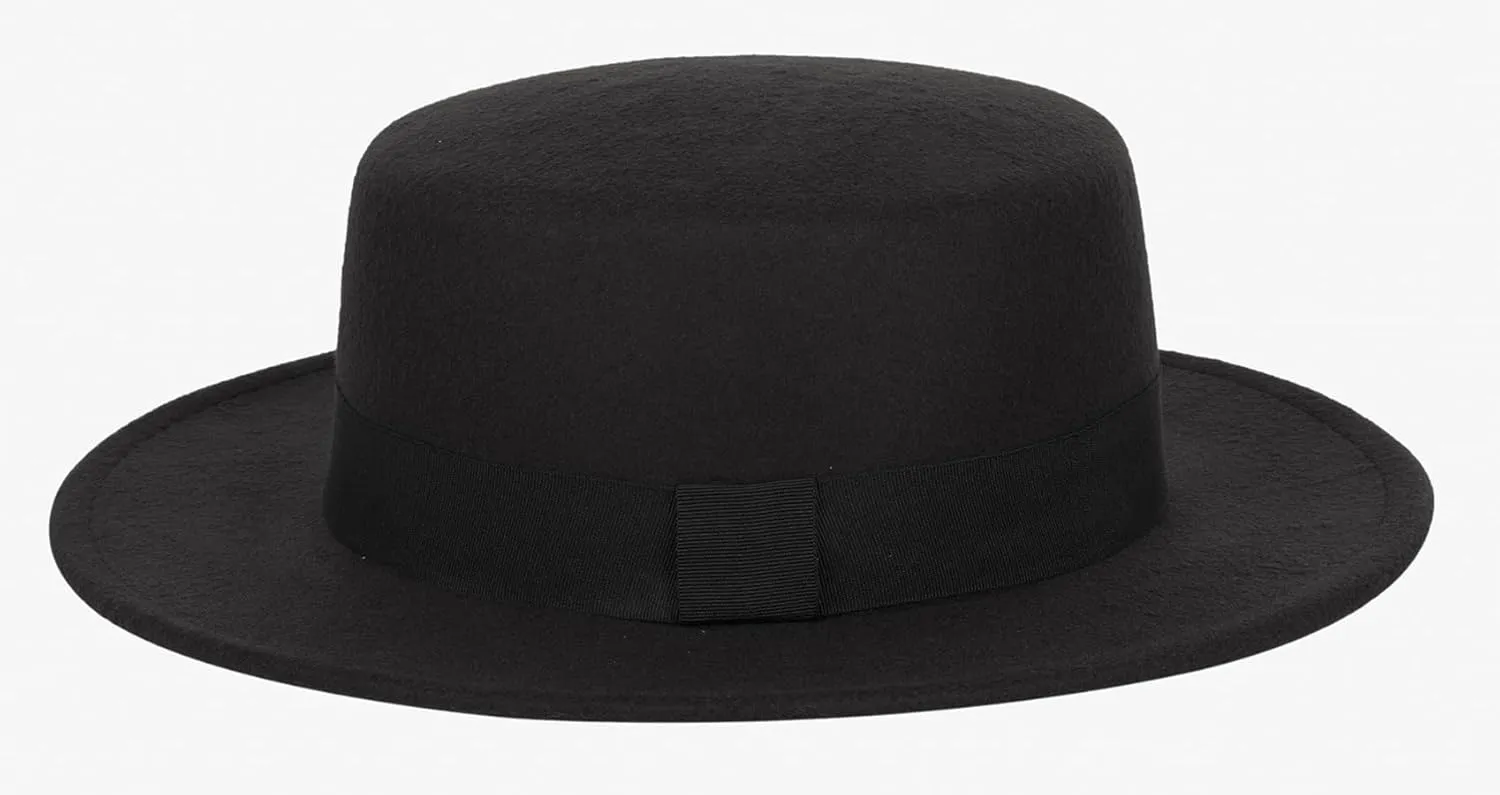 Pork-Pie-Fedora-Hat Wide Brim Felt Flat-Top-Boater Hat for Men Women(Size:M)