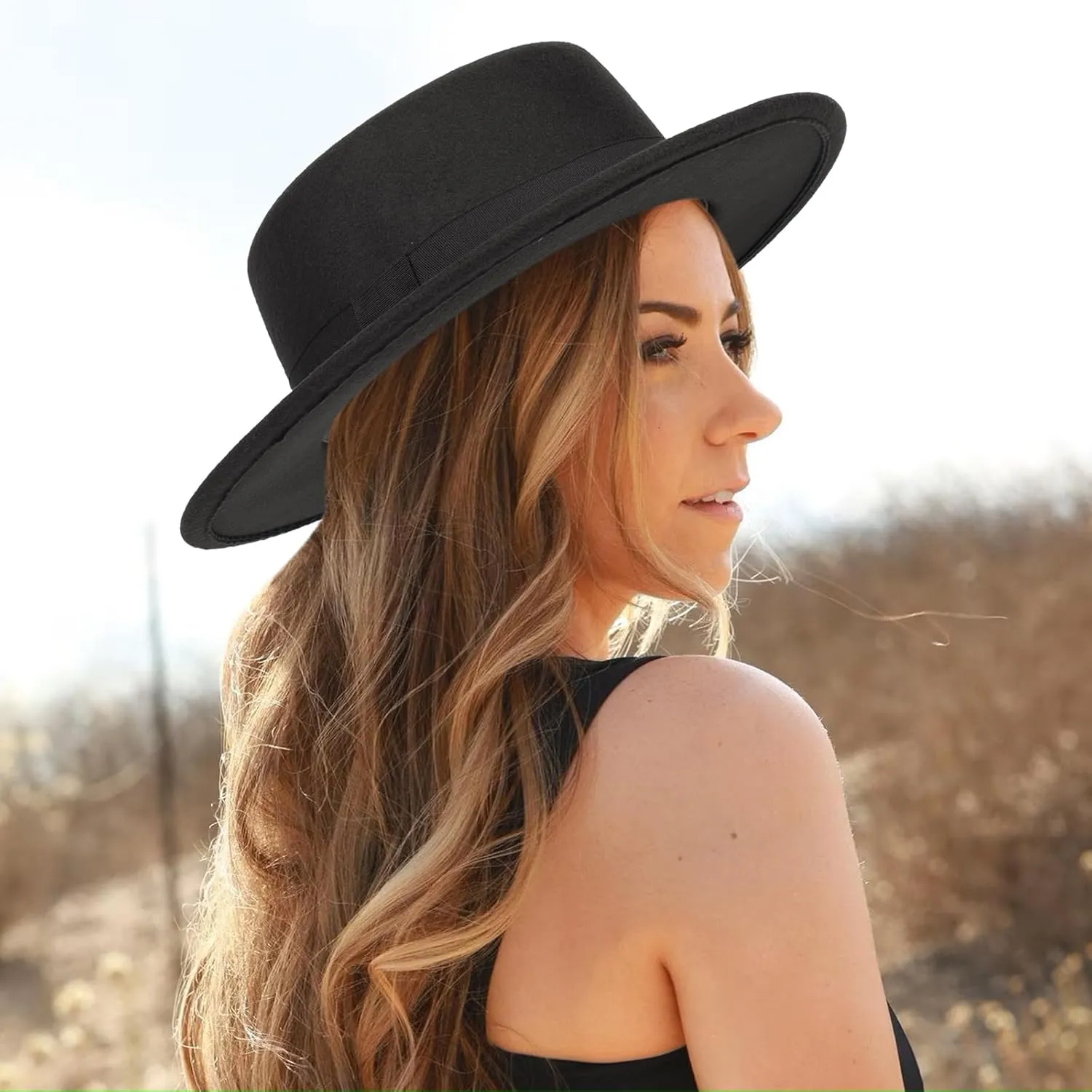 Pork-Pie-Fedora-Hat Wide Brim Felt Flat-Top-Boater Hat for Men Women(Size:M)