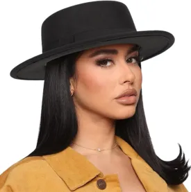 Pork-Pie-Fedora-Hat Wide Brim Felt Flat-Top-Boater Hat for Men Women(Size:M)