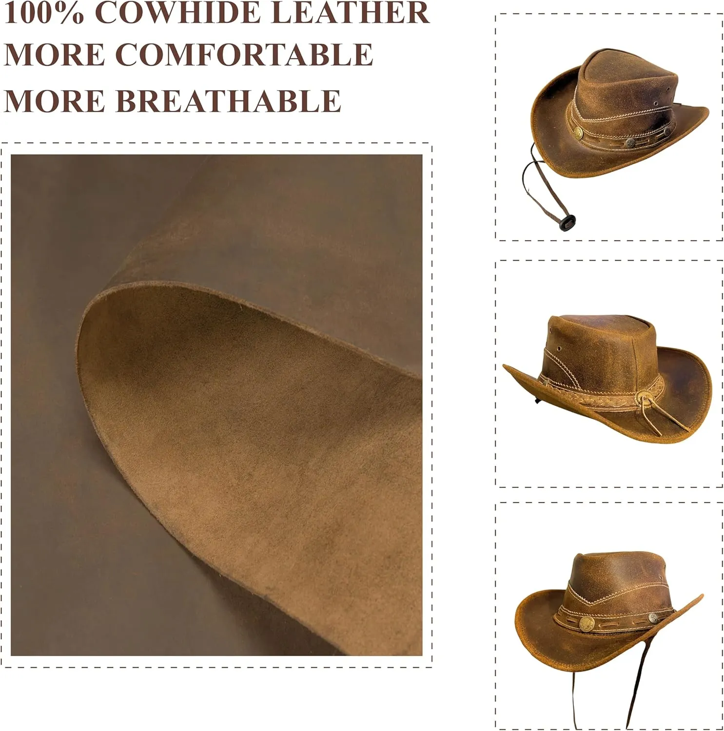 Premium Handcrafted Leather Cowboy Hat with Adjustable String - Classic Western Style