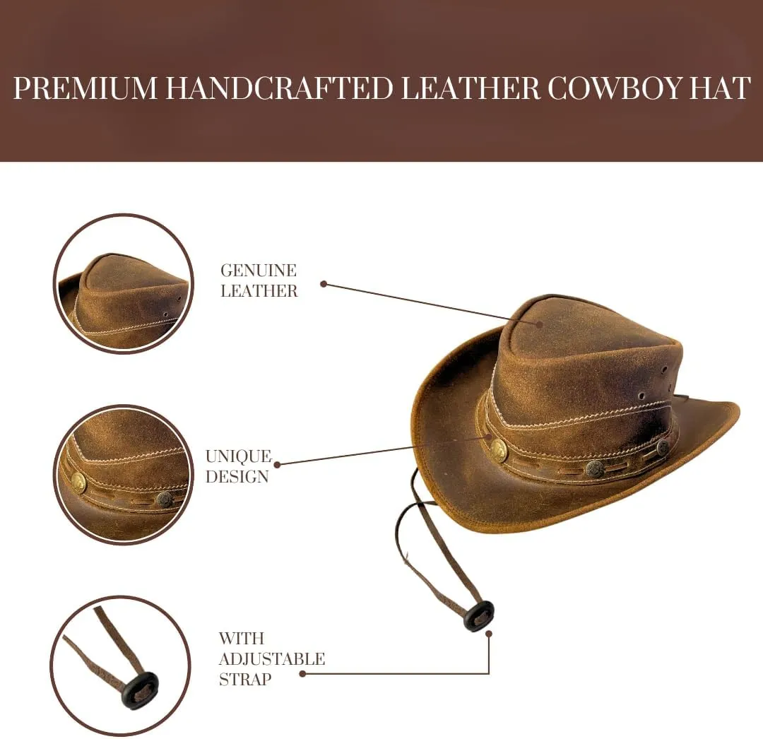 Premium Handcrafted Leather Cowboy Hat with Adjustable String - Classic Western Style