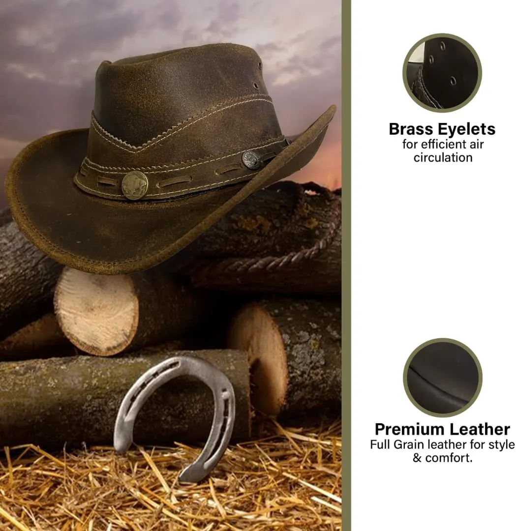 Premium Handcrafted Leather Cowboy Hat with Adjustable String - Classic Western Style