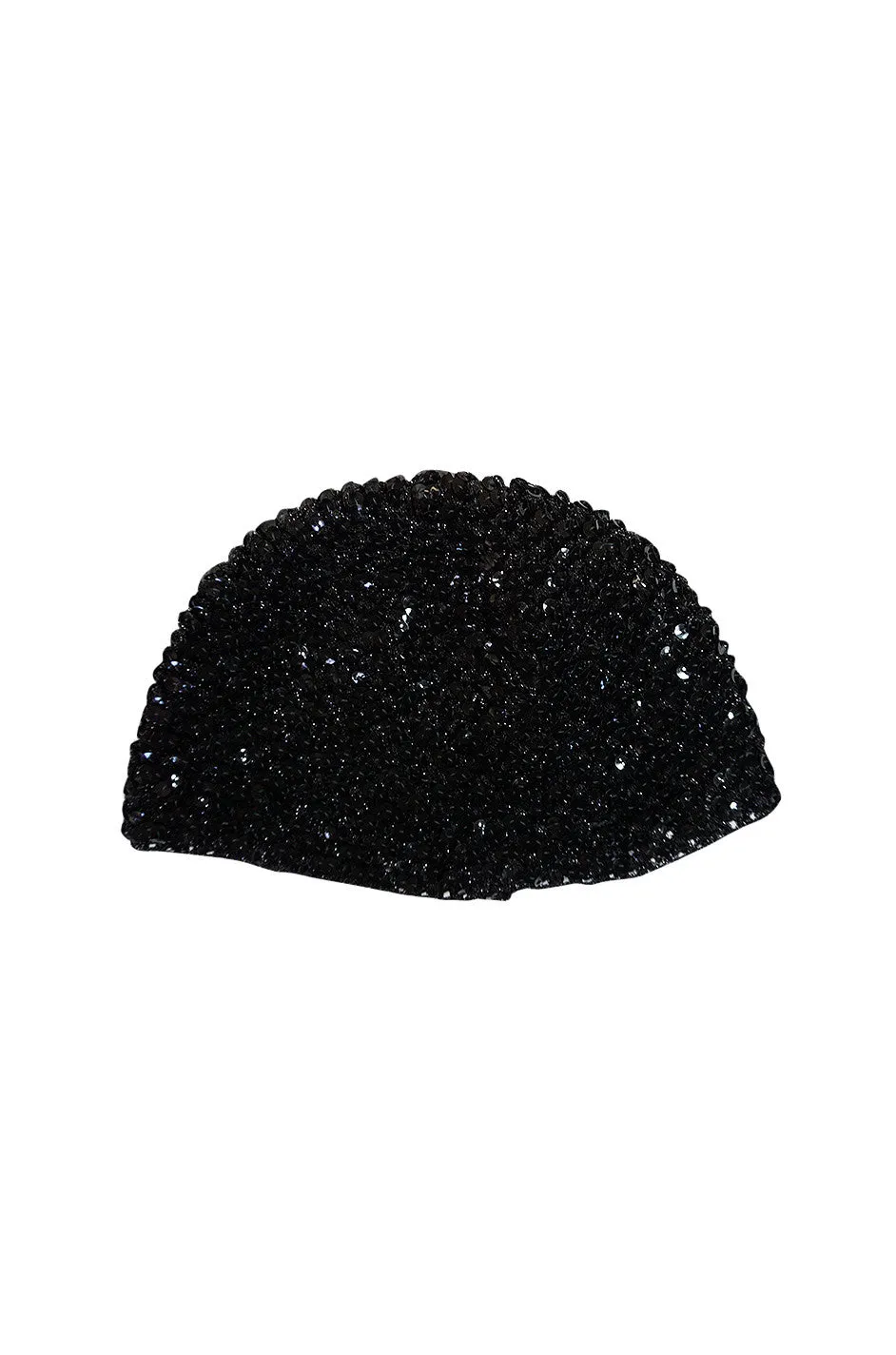 Rare 1970s Halston Glossy Black Sequin Skull Cap Cloche