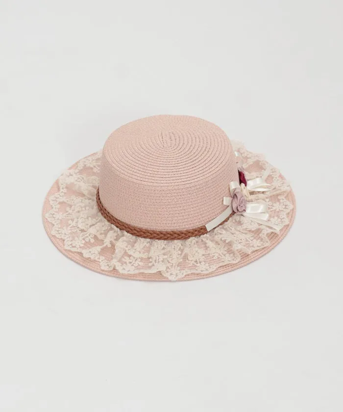 Ribbon Rose Lace Woven Boater Hat