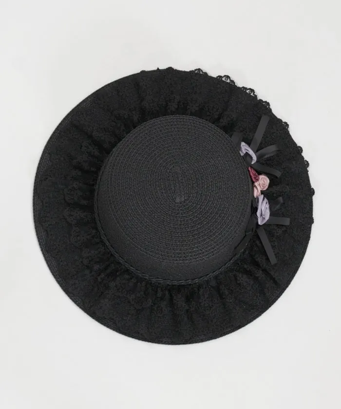 Ribbon Rose Lace Woven Boater Hat