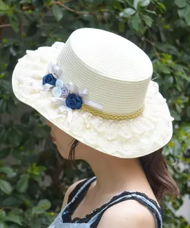Ribbon Rose Lace Woven Boater Hat