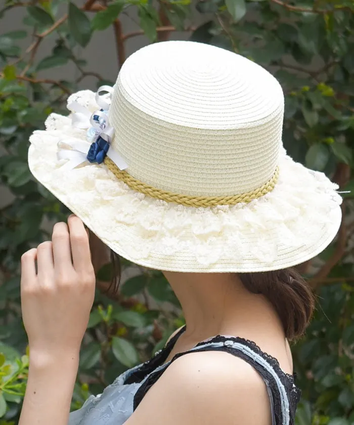 Ribbon Rose Lace Woven Boater Hat