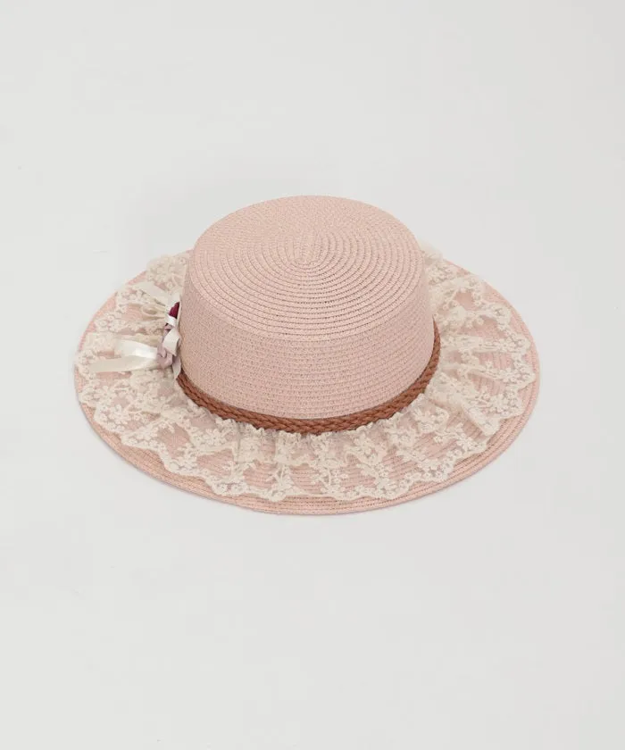 Ribbon Rose Lace Woven Boater Hat