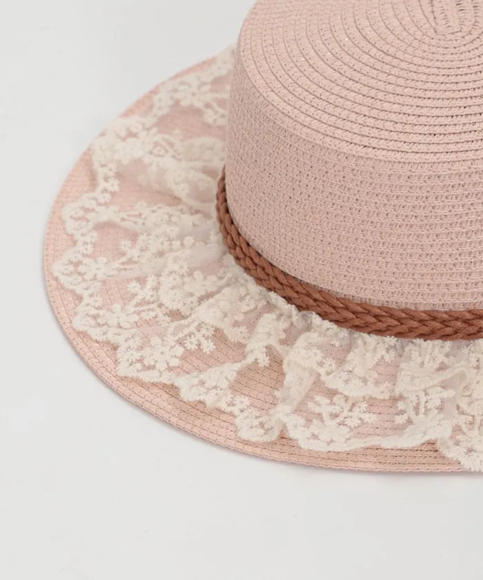 Ribbon Rose Lace Woven Boater Hat
