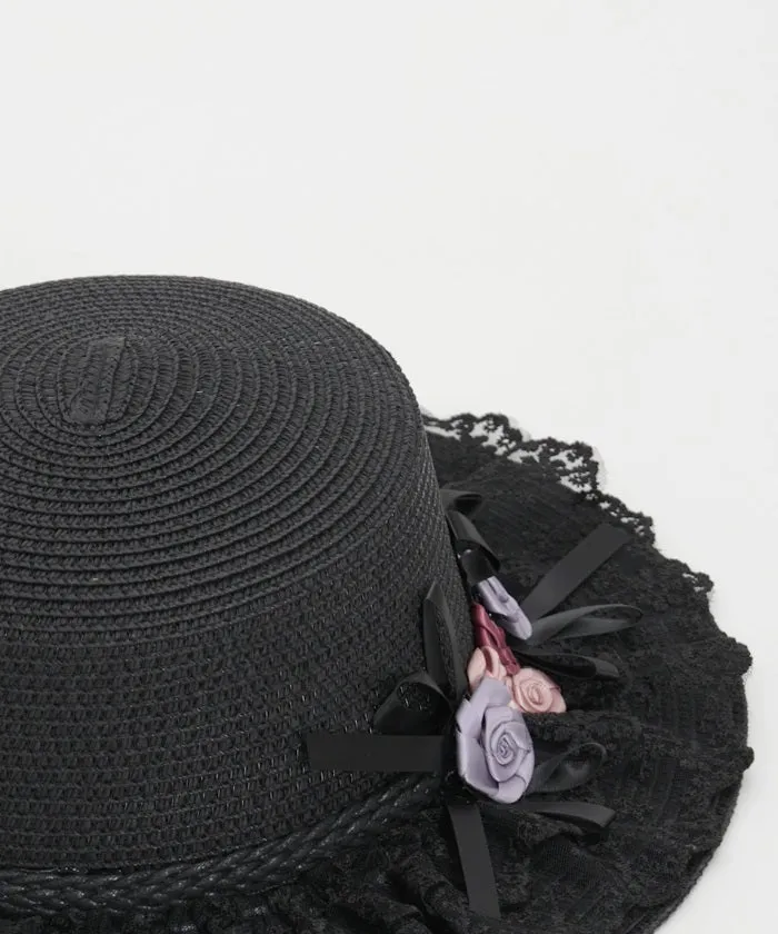 Ribbon Rose Lace Woven Boater Hat